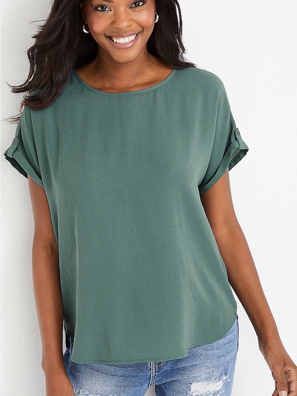 Maurice’s Woman’s XXL Teal Blue Scoop Neck Blouse Bat Wing Sleeves Back Zipper